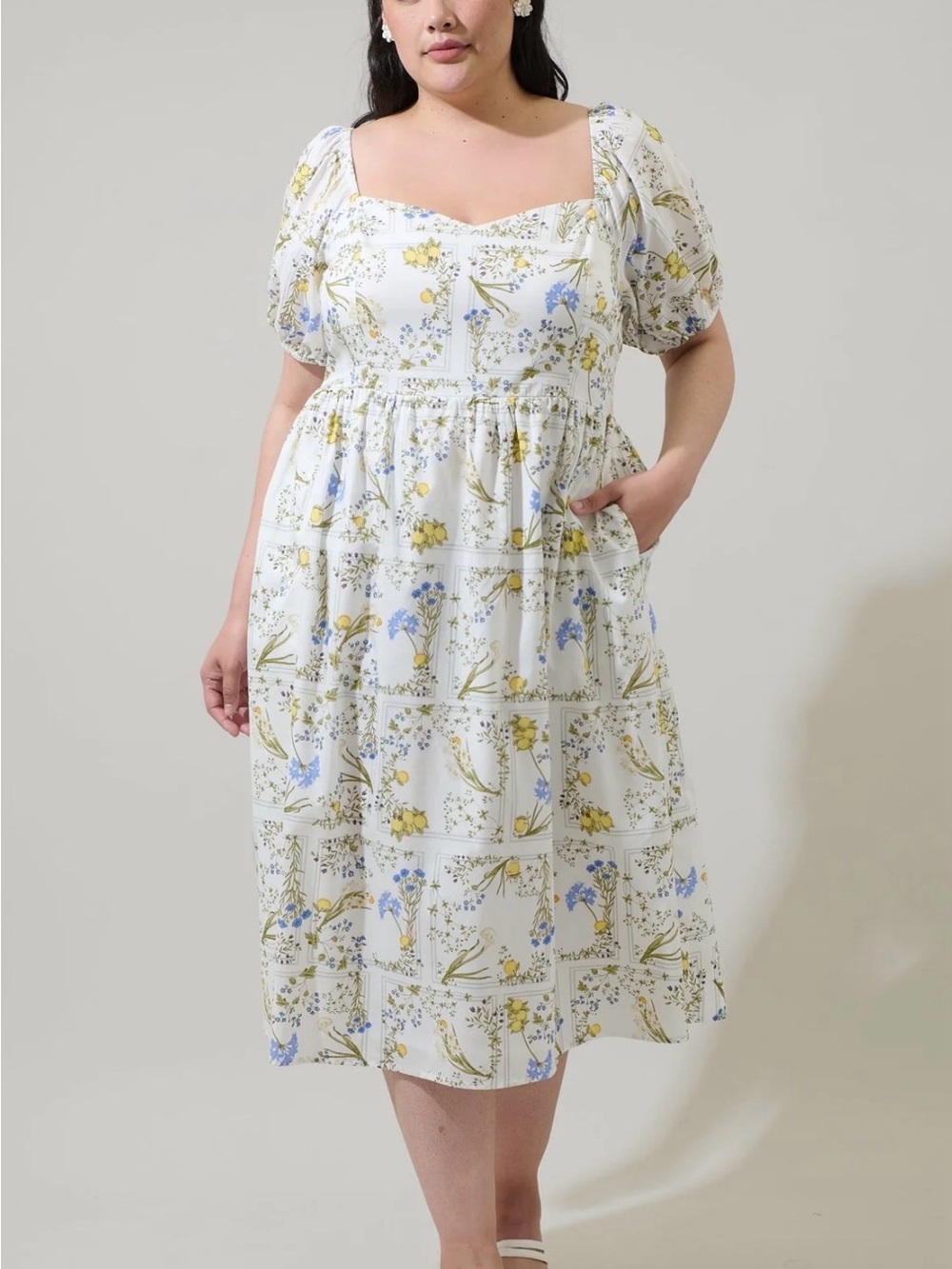 Cecily Floral Alessi Puff Sleeve Midi Dress Curve